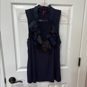 Anthropologie One September Navy S/Less Ruffled V-Neck Blouse